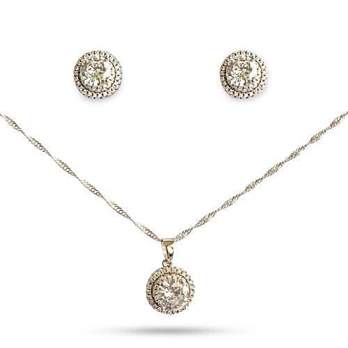 925 Sterling silver Halo Necklace set with stud earring in Zircorina