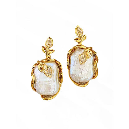 Natural Baoque Pearl Earrings, Gold Plated Fashionable leaf-shaped dangle studs