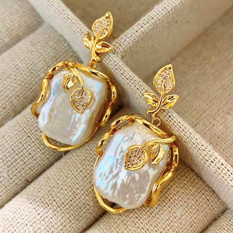 Natural Baoque Pearl Earrings, Gold Plated Fashionable leaf-shaped dangle studs