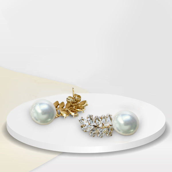 14K Gold Dipped Leaf Frame Earrings with Pearl and Stone Accents