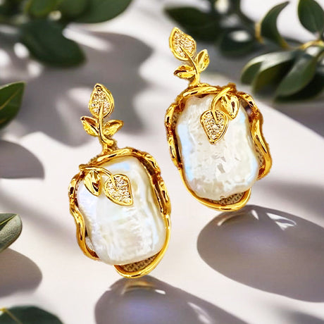 Natural Baoque Pearl Earrings, Gold Plated Fashionable leaf-shaped dangle studs