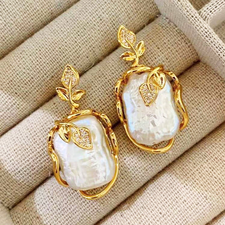 Natural Baoque Pearl Earrings, Gold Plated Fashionable leaf-shaped dangle studs