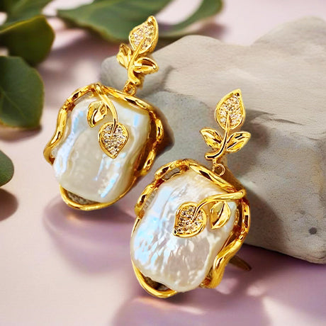 Natural Baoque Pearl Earrings, Gold Plated Fashionable leaf-shaped dangle studs