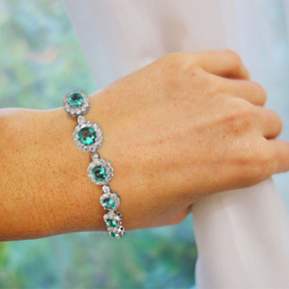 Teal Gemstone Flower 925 Sterling Silver Bracelet