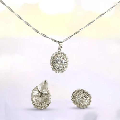 925 Sterling Silver Oval Necklace Set With Studs Earring in Zirconia