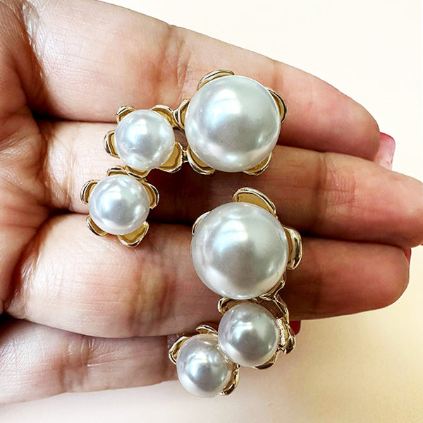 Refined 3-Pearl Earrings with Ornate Gold Frame