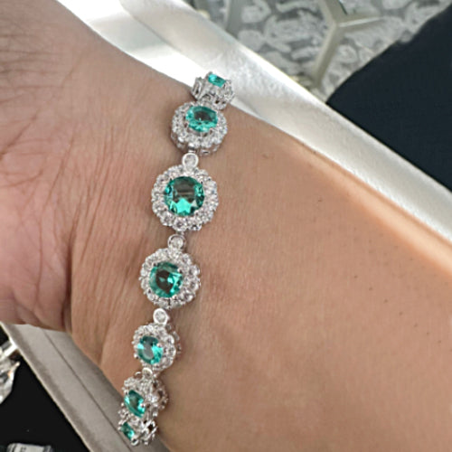 Teal Gemstone Flower 925 Sterling Silver Bracelet