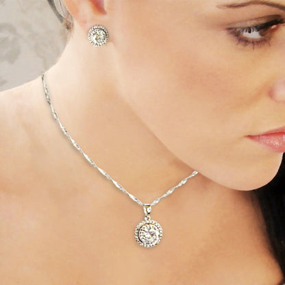 925 Sterling silver Halo Necklace set with stud earring in Zircorina