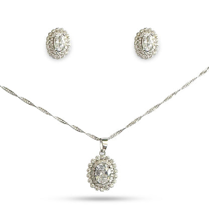 925 Sterling Silver Oval Necklace Set With Studs Earring in Zirconia