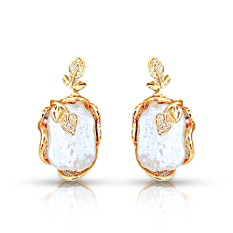 Natural Baoque Pearl Earrings, Gold Plated Fashionable leaf-shaped dangle studs