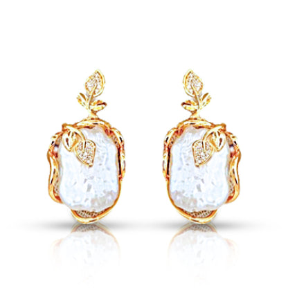 Natural Baoque Pearl Earrings, Gold Plated Fashionable leaf-shaped dangle studs