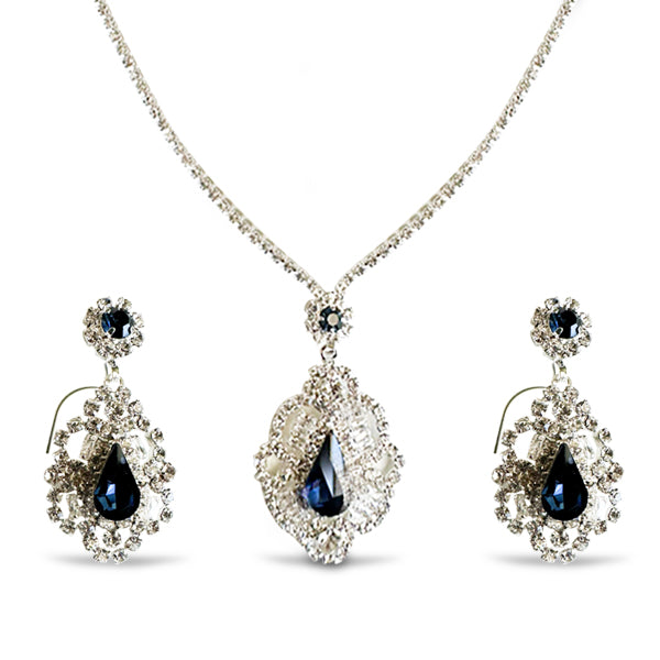 Elegnace Silver Rhinestone Necklace Set with Sapphire gemstone