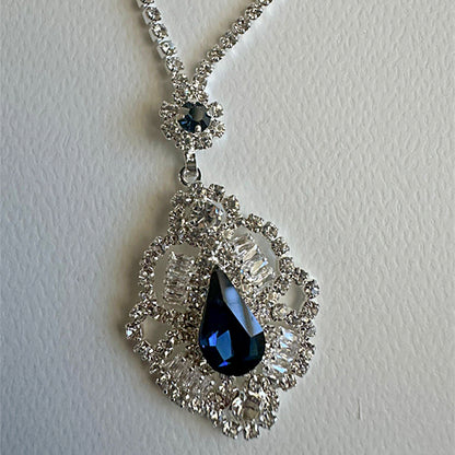 Elegnace Silver Rhinestone Necklace Set with Sapphire gemstone