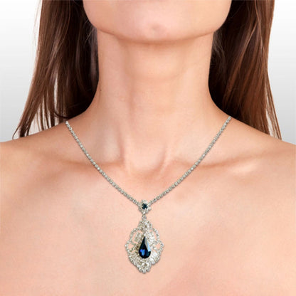 Elegnace Silver Rhinestone Necklace Set with Sapphire gemstone