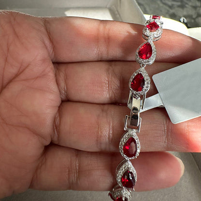 Ruby TearDrop Bracelet 925 Sterling Silver with Zirconia