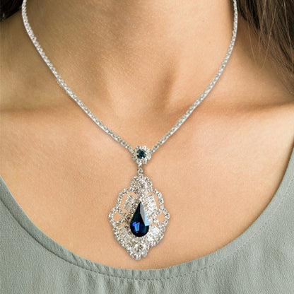 Elegnace Silver Rhinestone Necklace Set with Sapphire gemstone